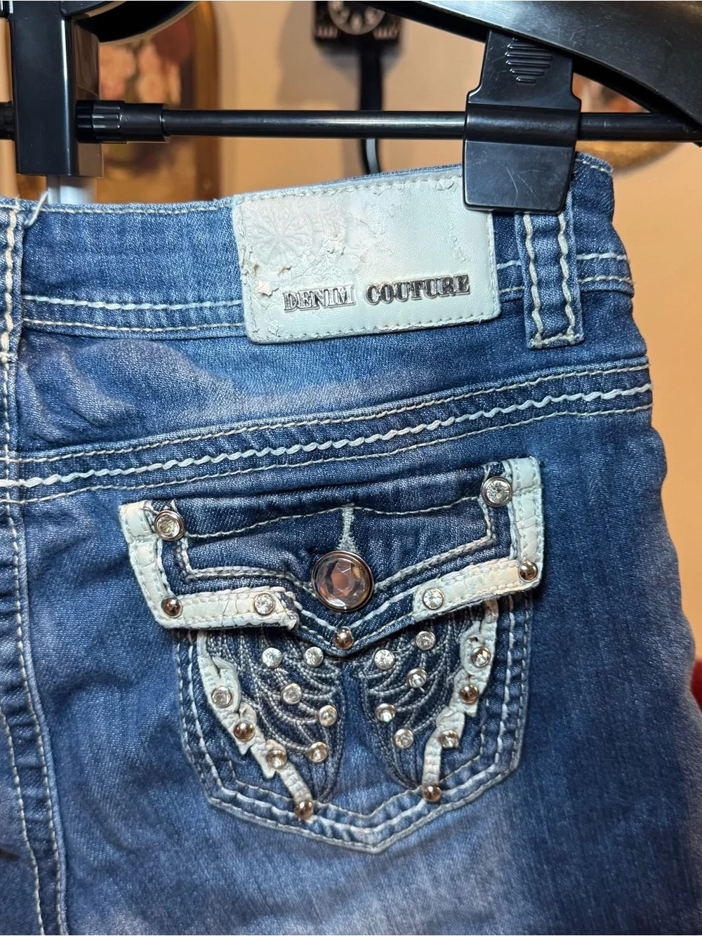 Y2K Denim Couture Angel Wing Embellished Blue Denim Jean Shorts